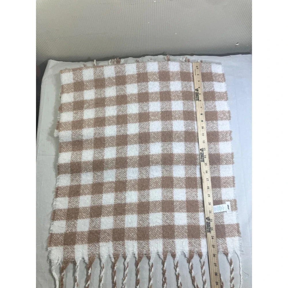 Aerie Tan White Gingham‎ Checkered Oversized Blanket Scarf with Fringe One Size